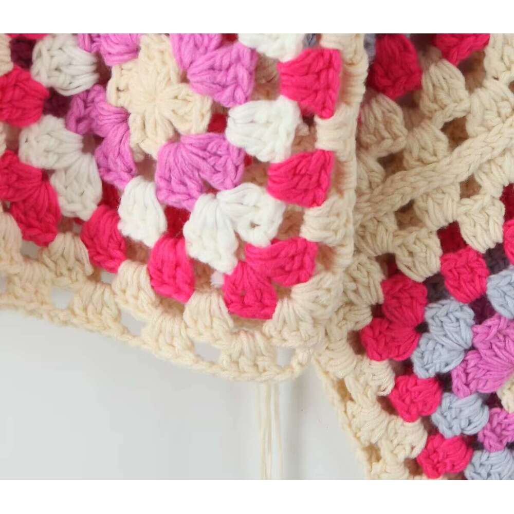 Canwedance Rainbow Color Crochet Sweaters Lace-Up Tassel Sweet Cardigans Women Handmade Boho Knitwear Hippie Cropped Jumpers