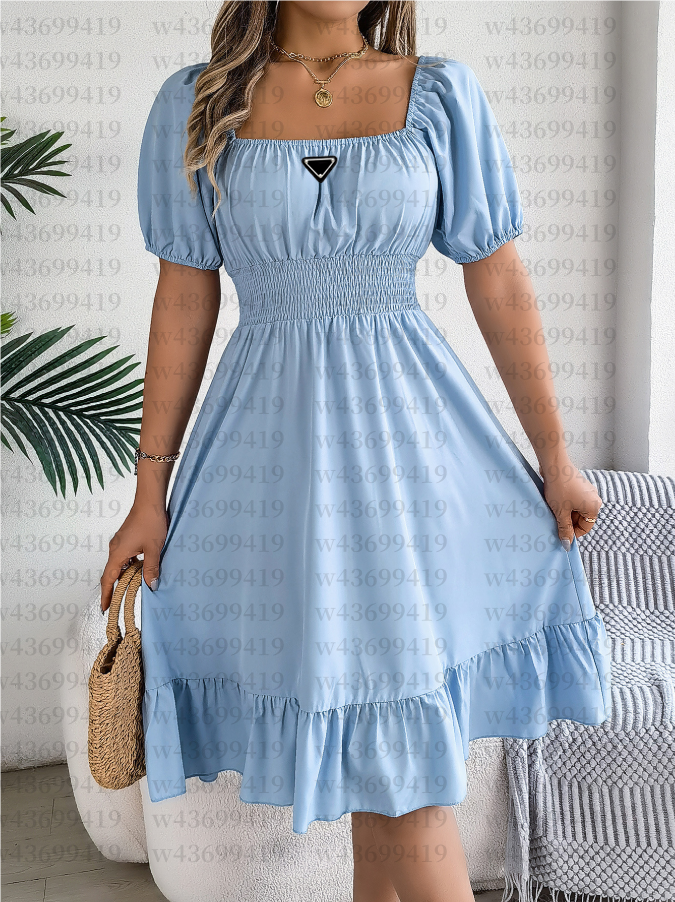 Designer dresses fashion Designer Casual Dresses for women Brand Summer New Classic Square Neck Pleated Short Sleeve Dress High Waist A-line Skirt