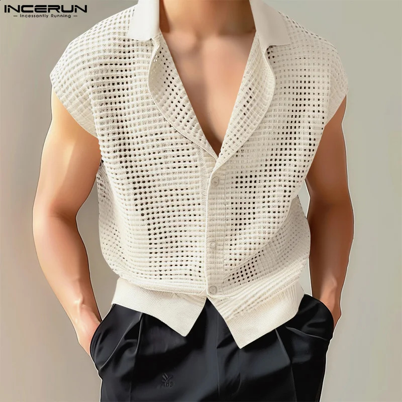 Mens Shirt Hollow Out Transparent Mesh Solid Lapel Sleeveless Summer Men Clothing Streetwear Casual Vests Shirts INCERUN 250118