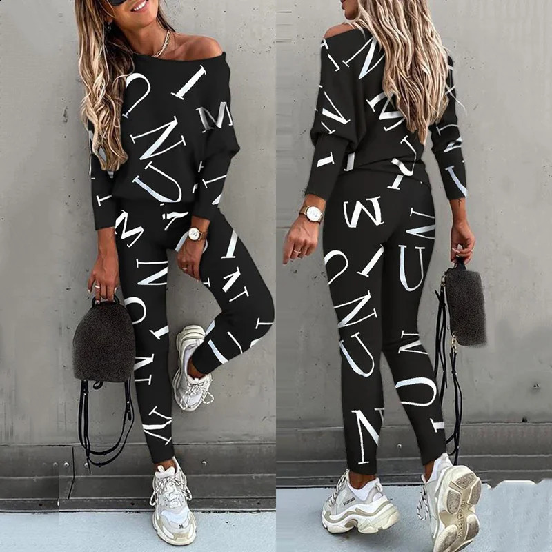 Women Sportswear Suit Autumn Fashion Letter Print Fit One Shoulder Long Sleeve Top High Waist Drawstring Pants Set 250114Z