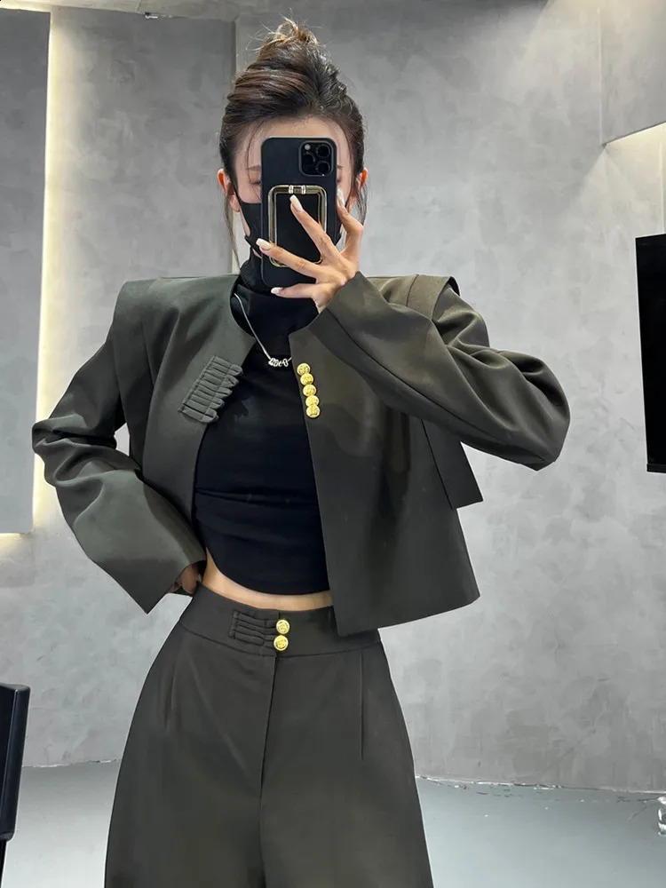 Womans Autumnwinter Chinese Short Blazer Coat Wideleg Pants Suit Retro Casual Buckle Round Neck Twopiece Set 250114Z