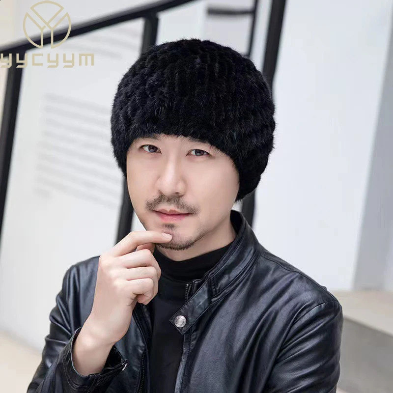 Winter Men Mink Fur Hats Natural Real Fur Knitted Cap Fashionable Fluffy Grandfather Genuine Fur Beanie Female Black Fur Caps 250120ww