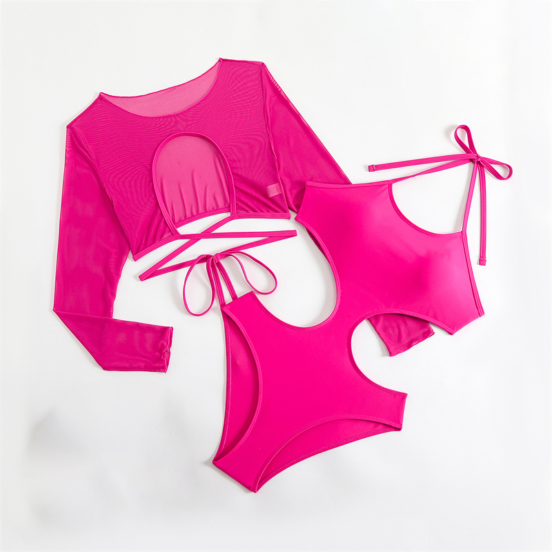 Sexy Monokini Two Piece Swimsuit Women Mesh Long Sleeve Cove-Ups Hollow Out Backless Swimwea Halte Neck Bathing Suit Summe 2025 Beachwea Hot Gil Beach