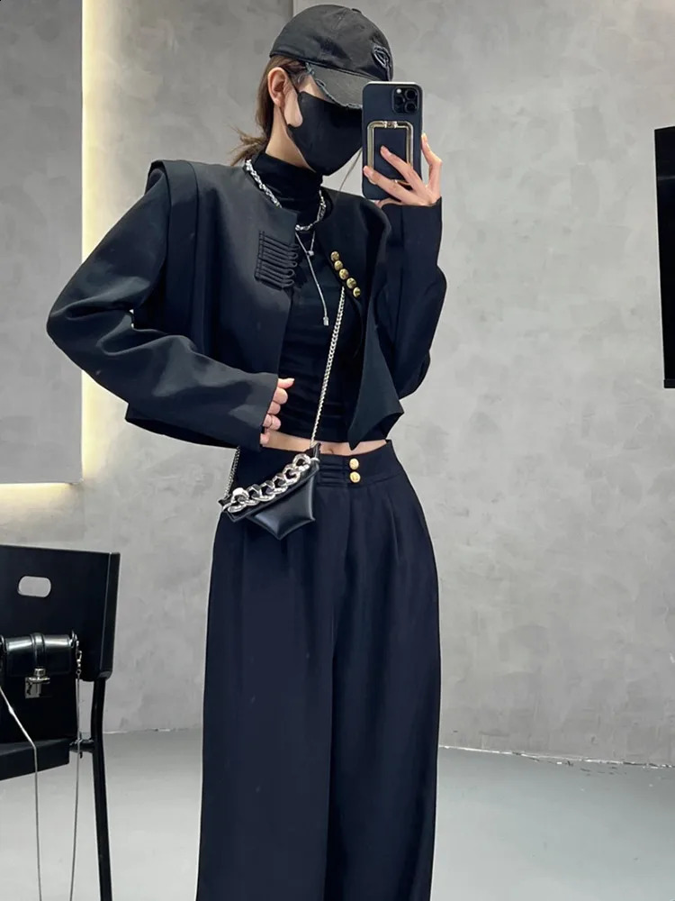 Womans Autumnwinter Chinese Short Blazer Coat Wideleg Pants Suit Retro Casual Buckle Round Neck Twopiece Set 250114Z