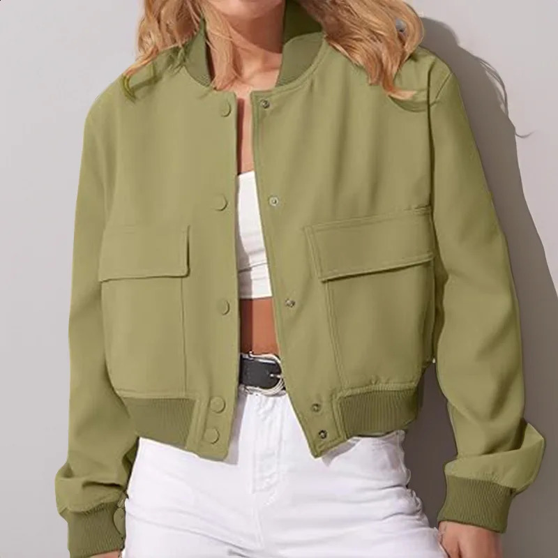 Solid Color Long Sleeve Womens Bomber Jacket Fashion Zipper Up Vintage Coat Tops Elegant Loose Basic Ladies Jackets 250113Z