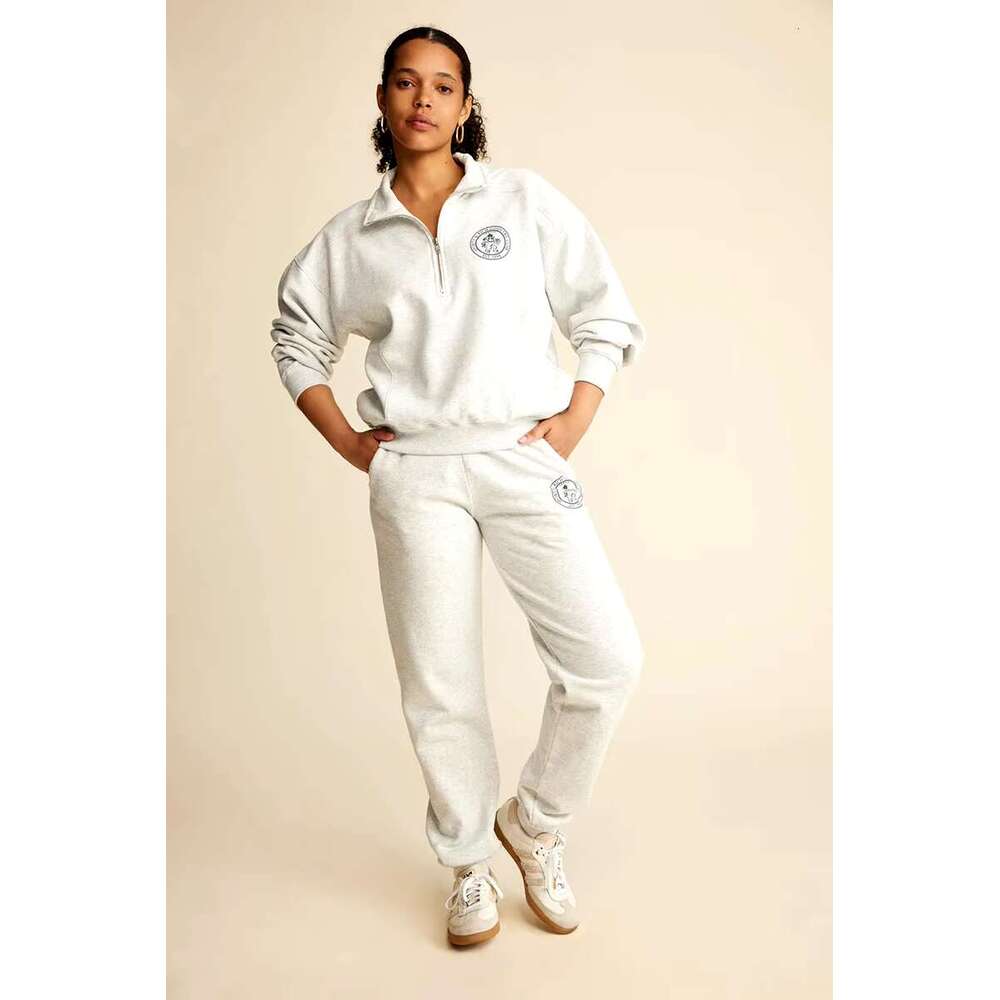 New North American Niche Sporty&Rich Zipper Semi High Neck Lion Letter Printed Fleece Sweatshirt