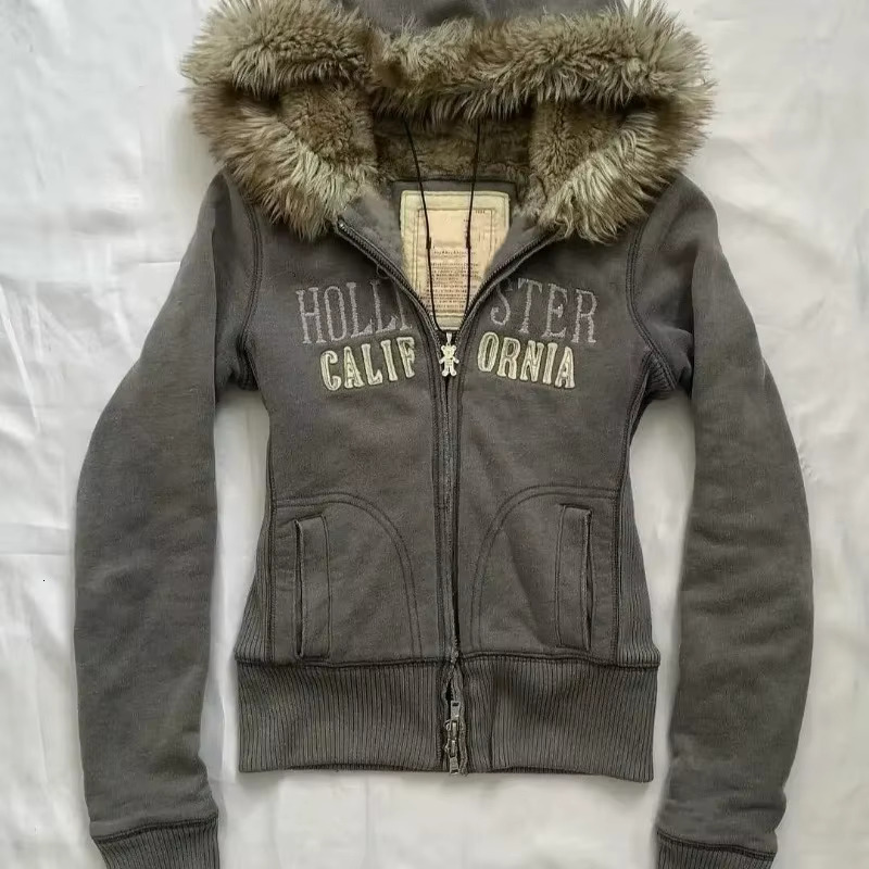 New American New Fashion Classic Cotton Padded Women Y2k Haruku Zipper Sweatshirt Oversized Hoodie With Fur Collar