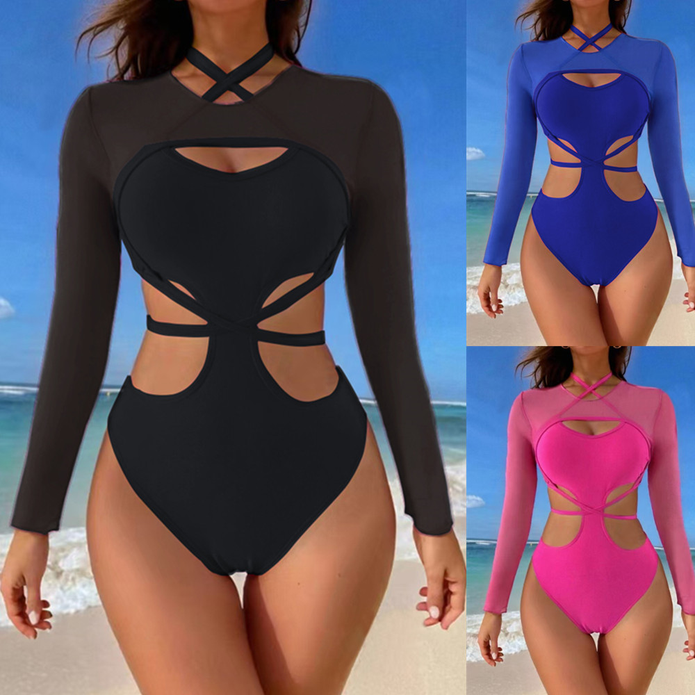 Sexy Monokini Two Piece Swimsuit Women Mesh Long Sleeve Cove-Ups Hollow Out Backless Swimwea Halte Neck Bathing Suit Summe 2025 Beachwea Hot Gil Beach