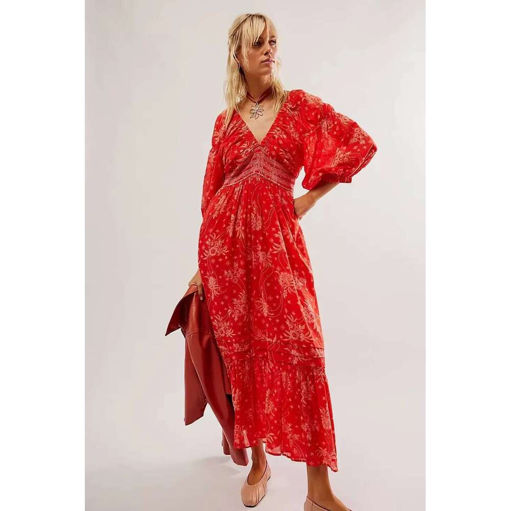 Canwedance Boho Printing Maxi Deep Chic Dress Free Style V Neck Stretch Waist Vacation People Vestidos Hippie Robes