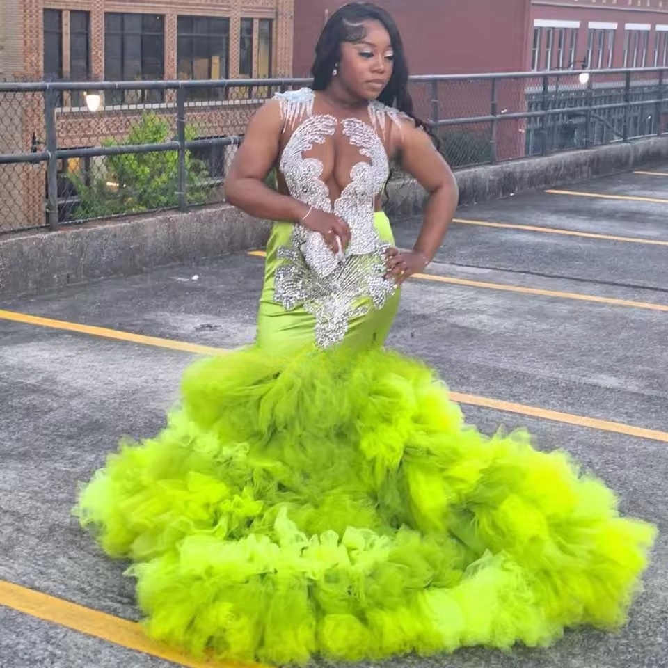 Green Sequins Crystal Mermaid Prom Dress Layered For Black Girls Ruffles Sleeveless Evening Party Gowns Custom vestidos de gala