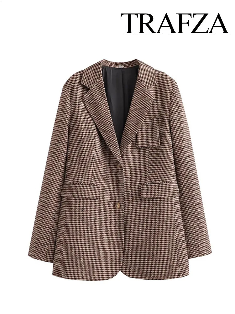 TRAFZA Womens Autumn Fashion Slim Fit Blazer Retro Houndstooth V-neck Pocket Decorated Womens Commuting Blazer Streetwear 250109