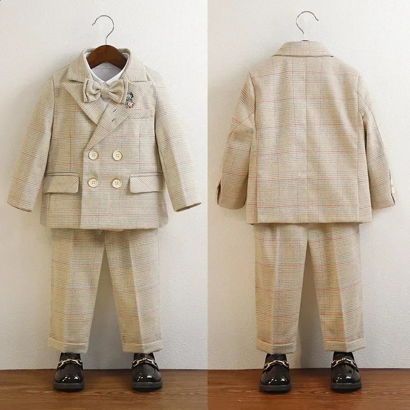 Kids Wedding Suit 8 To 12 Y Boys Autumn Clothes Fashion Double-breasted Plaid Blazer Set Formal Child Piano Performance Costume 250120