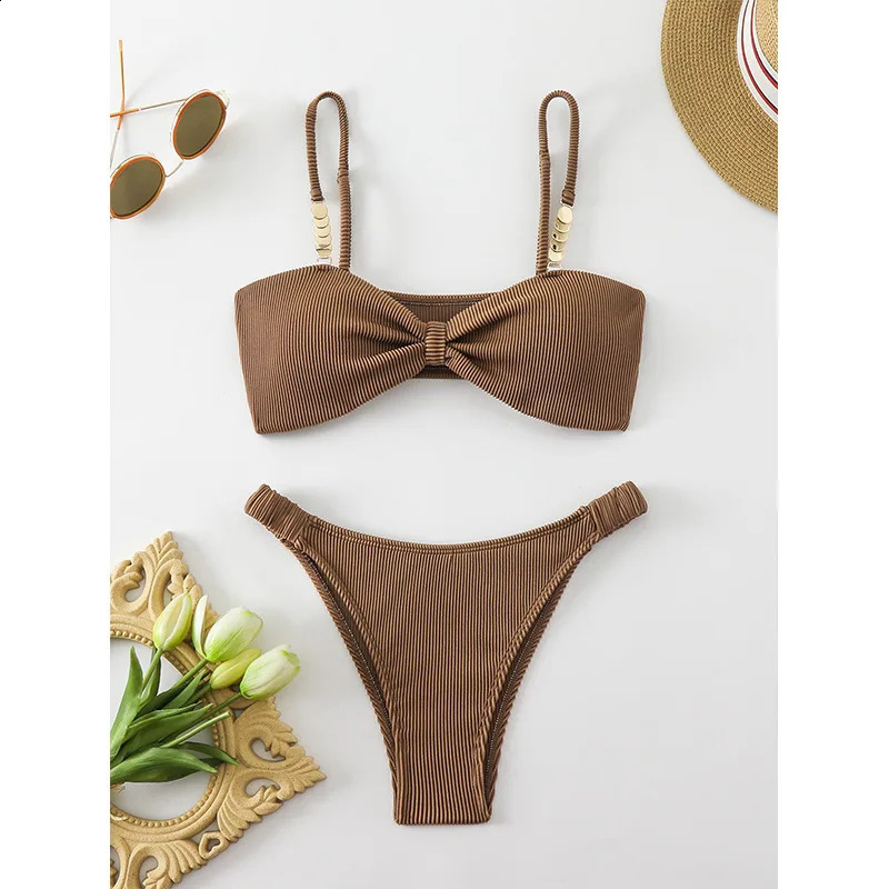 Sexy Micro Bikinis Sets Two Pieces Swimsuit Brown Swimwear Female Thong Brazilian Biquini Bandeau Ribbed Beach Wear Bathing Suit 250121