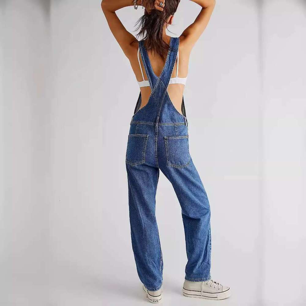 Canwedance Women's Boho Denim Jumpsuits Shoulder Strap Loose Fit Long Jeans One-Piece Outfits Free Style Rompers People Overalls