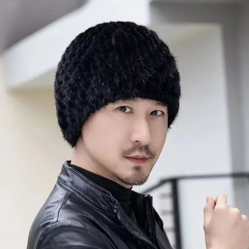 Winter Men Mink Fur Hats Natural Real Fur Knitted Cap Fashionable Fluffy Grandfather Genuine Fur Beanie Female Black Fur Caps 250120ww