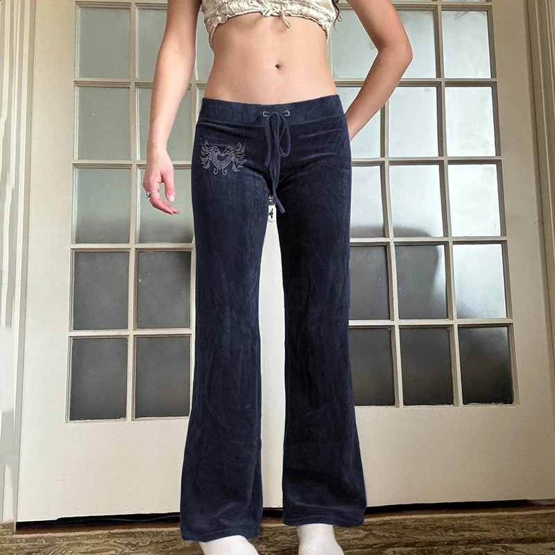 HEYounGIRL Y2K Womens Velvet Slim Pants Rhinestone Print Low Waist Drawstring Straight Trousers Vintage Casual Joggers Autumn 250122