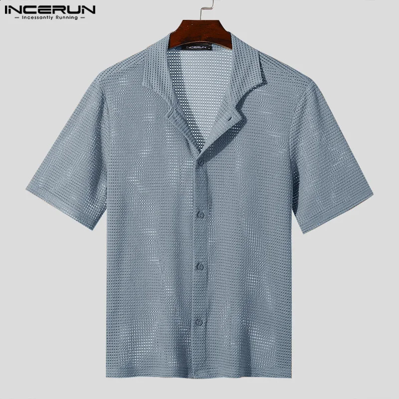 Mens Shirt Solid Color Lapel Short Sleeve Hollow Out Streetwear Casual Men Clothing Summer Fashion Male Shirts S-5XL INCERUN 250118