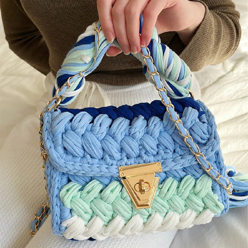 New Free Shipping Designer Bag Handmade Woven Womens Thread Hook Knitted Shoulder Bag Colorful Strip Chains Bags For Women Small Purses