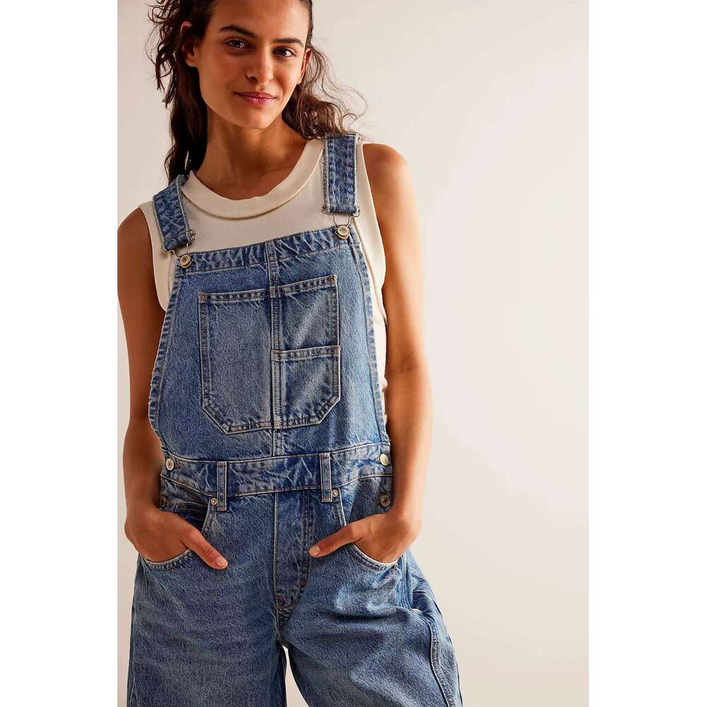Canwedance Women's Boho Denim Jumpsuits Shoulder Strap Loose Fit Long Jeans One-Piece Outfits Free Style Rompers People Overalls