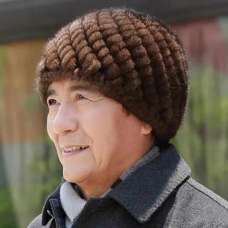 Winter Men Mink Fur Hats Natural Real Fur Knitted Cap Fashionable Fluffy Grandfather Genuine Fur Beanie Female Black Fur Caps 250120ww