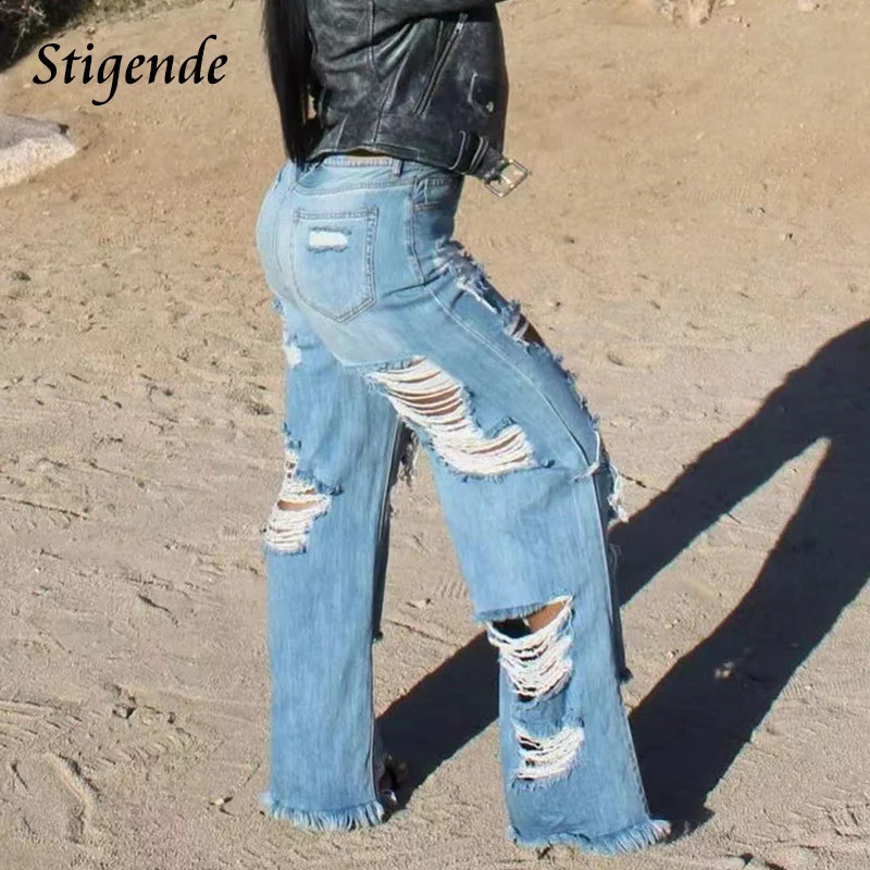 Rising Women XXXL Denim Pants Wide Leg Ripped Jeans Streetwear Sexy Hollow Out Patchwork Shredded Jeans Fashion Trousers 250117