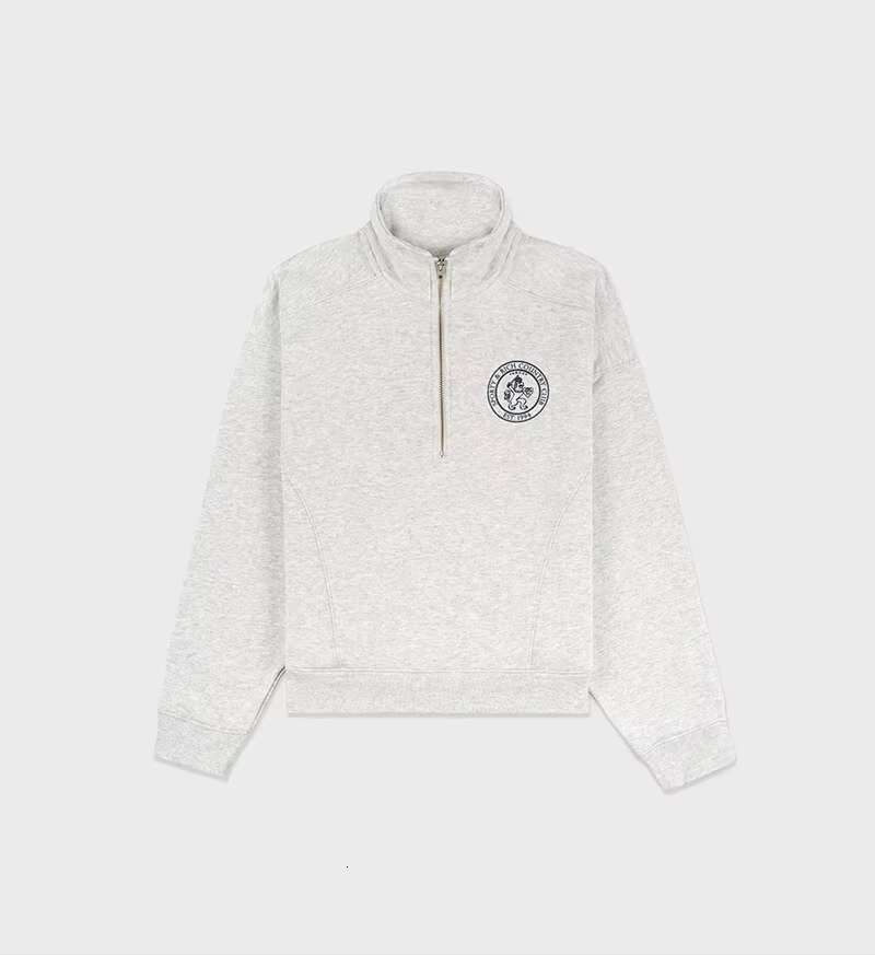 New North American Niche Sporty&Rich Zipper Semi High Neck Lion Letter Printed Fleece Sweatshirt