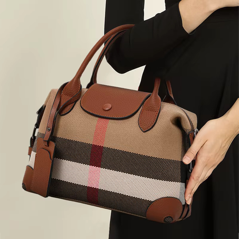 Aidran Exquisite women's bag, Boston bag with canvas and leather ingRetro plaid handbag for daily commute novelty of 2024