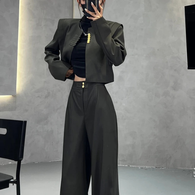Womans Autumnwinter Chinese Short Blazer Coat Wideleg Pants Suit Retro Casual Buckle Round Neck Twopiece Set 250114Z