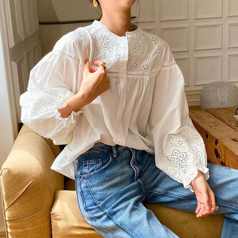Canwedance White Blouses Lantern Sleeve Embroidery Cotton Top Femme Vintage Hollow Out Chic Shirts Boho Blusas Mujer