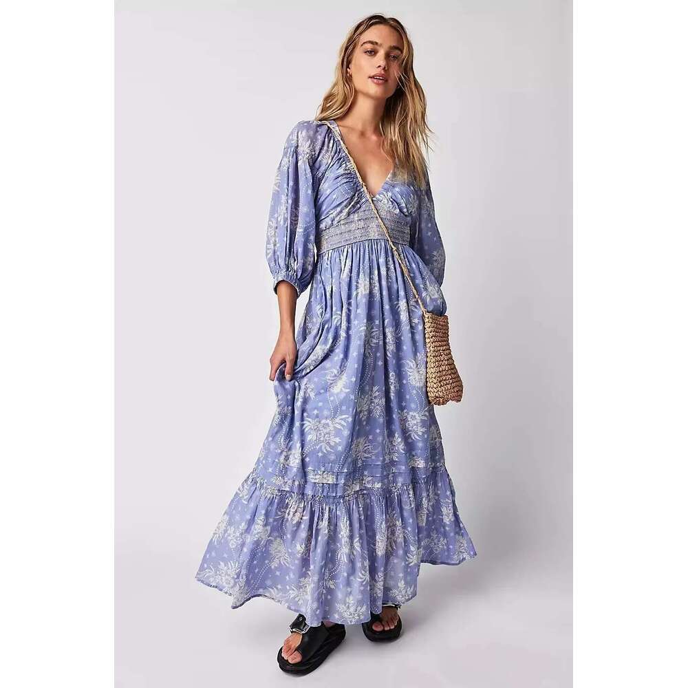 Canwedance Boho Printing Maxi Deep Chic Dress Free Style V Neck Stretch Waist Vacation People Vestidos Hippie Robes