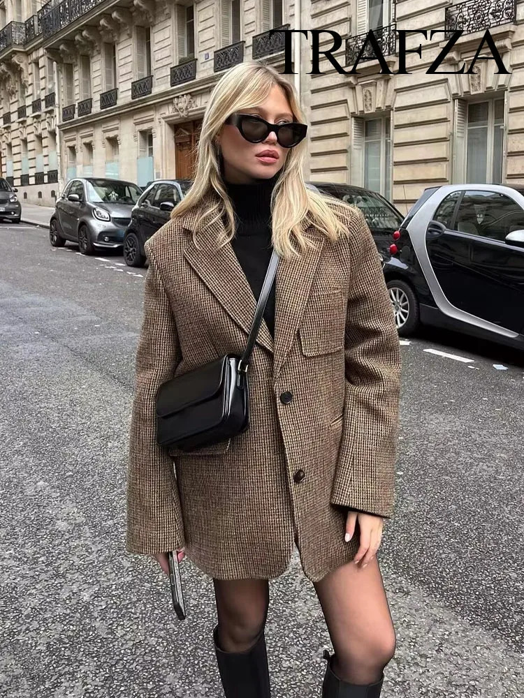 TRAFZA Womens Autumn Fashion Slim Fit Blazer Retro Houndstooth V-neck Pocket Decorated Womens Commuting Blazer Streetwear 250109
