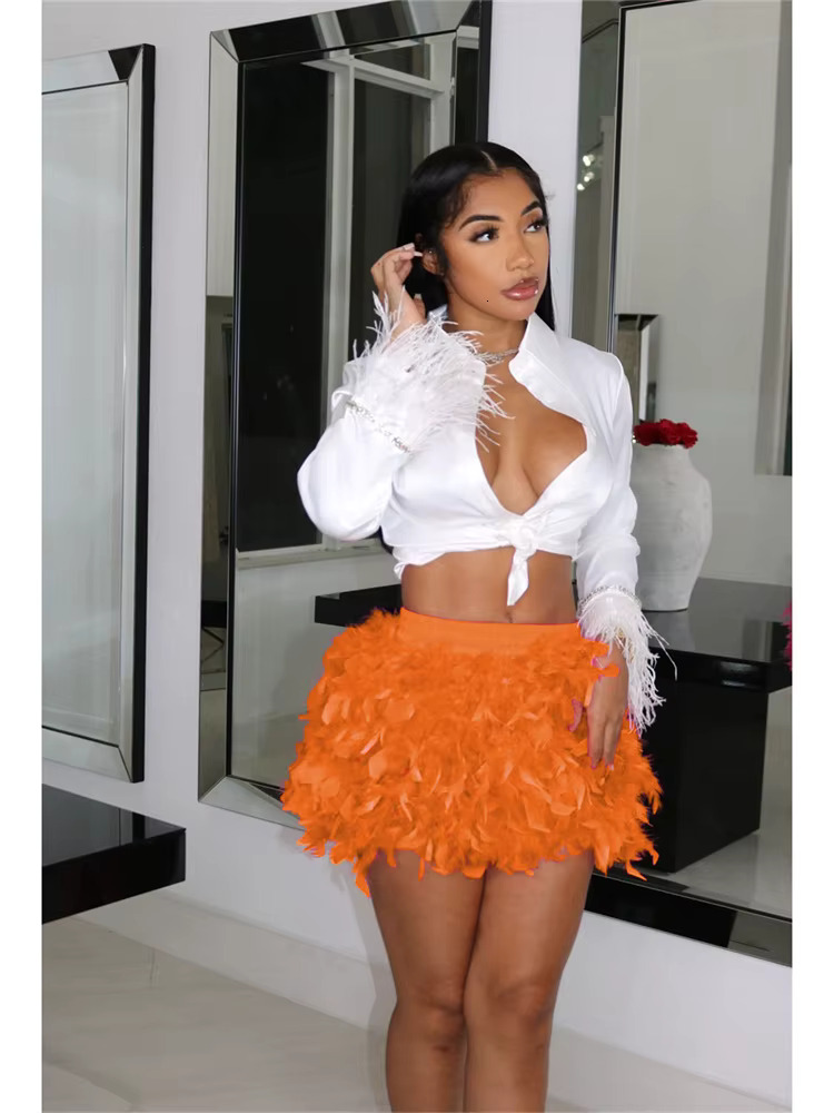 Spring Fashion Women High Waist Feather Streetwear Party Mini Green White Casual Rosered Skirts