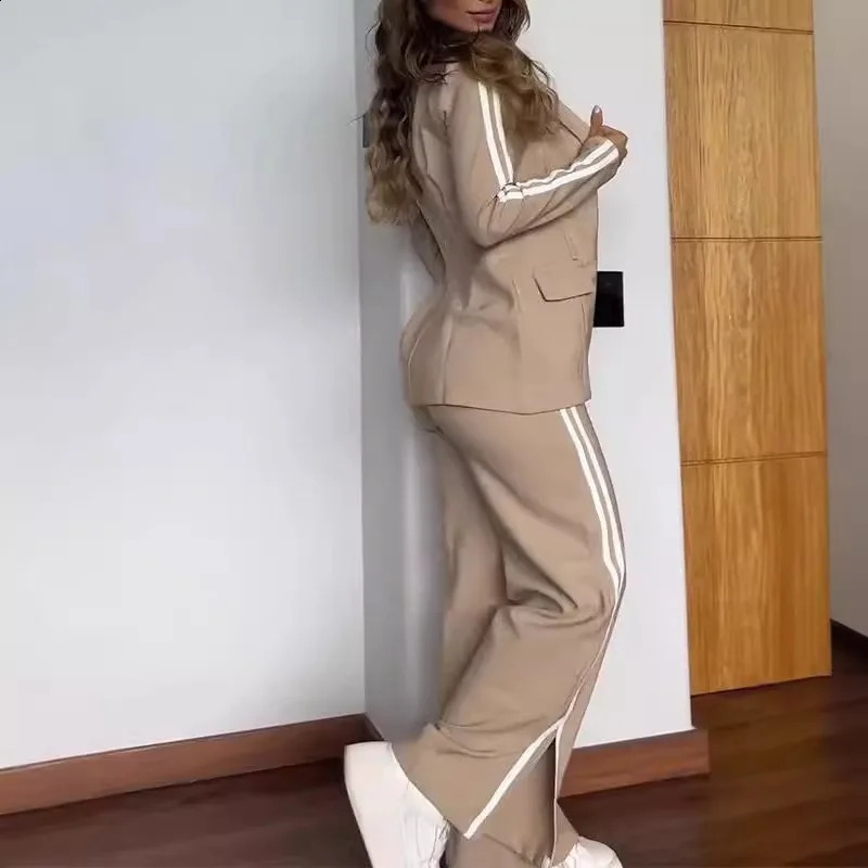 Elegant Office Lady Sets Long Sleeve Fashion Lapel No Buckle Blazer Striped Side Split Straight Pants Casual Two Piece 250114Z