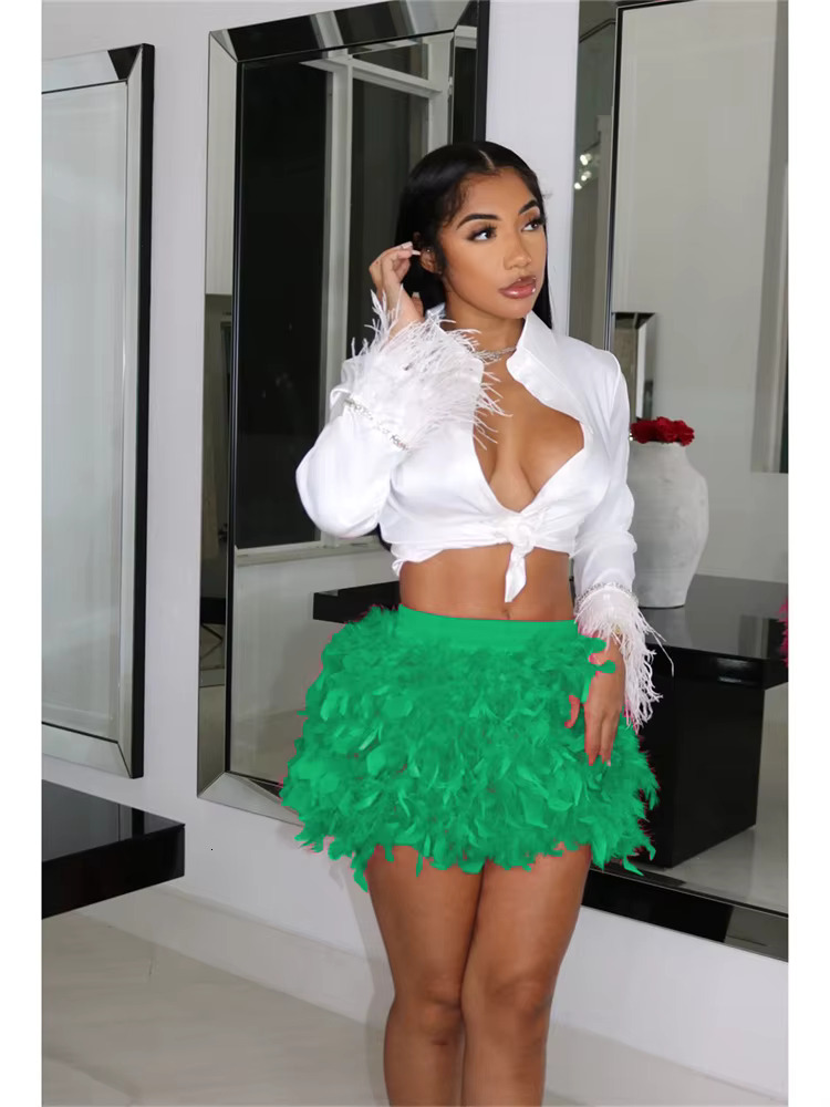 Spring Fashion Women High Waist Feather Streetwear Party Mini Green White Casual Rosered Skirts