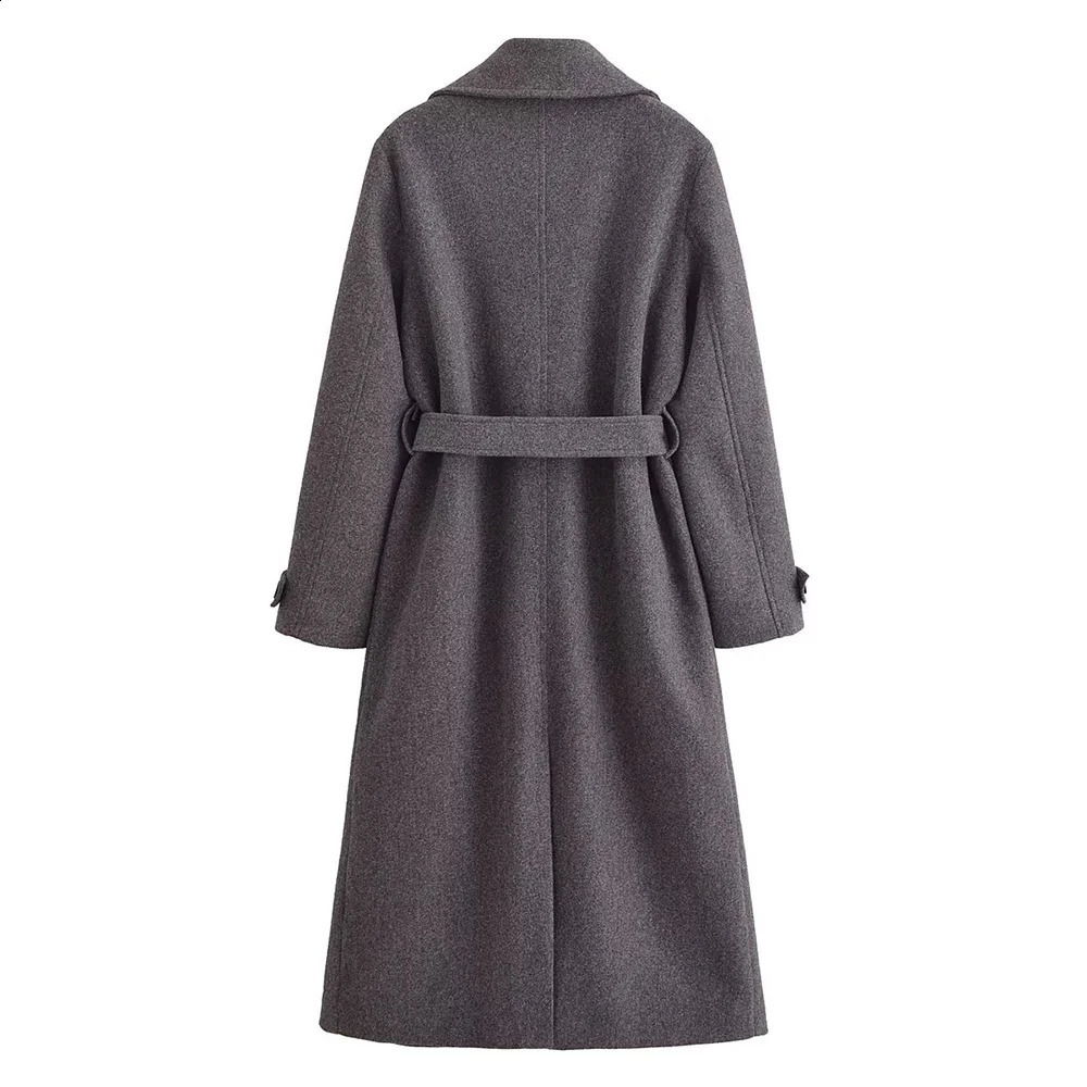 Elegant Grey Color Big Turn Down Collar Double Breasted Long Sleeves Pocket Belt Desing Women Loose Classic Coat ZATAF 250110Z