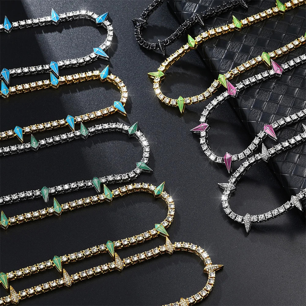4MM tennis chain drip shaped ice colorful rhinestone sparkling rapper necklace mens and womens suffocating jewelry 250107