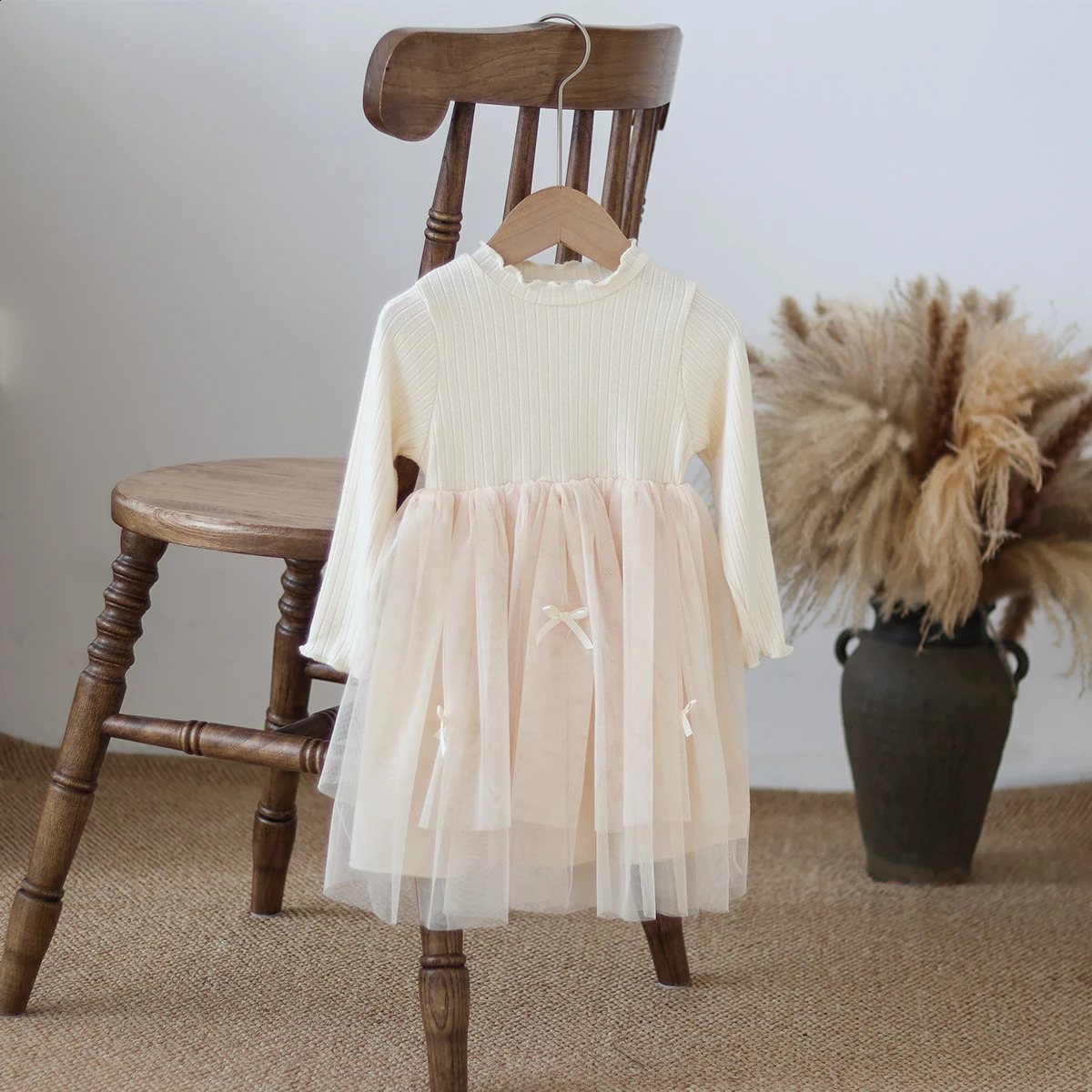 Autumn and Winter Fashion Toddler Girls Long Sleeve Mesh dress Pit Strip Ear Edge Bow Mesh Autumn and Winter dress Princess Gift 250120