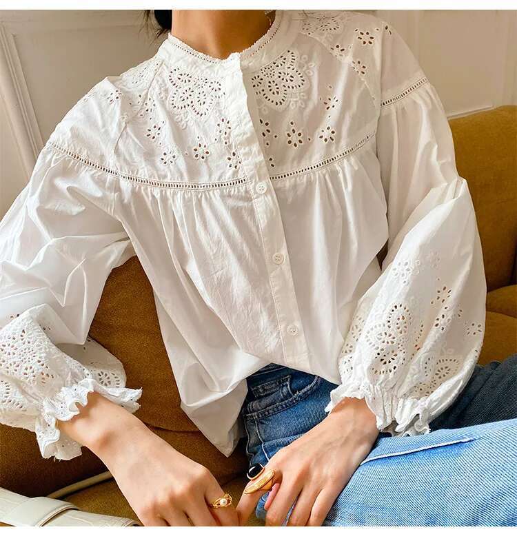Canwedance White Blouses Lantern Sleeve Embroidery Cotton Top Femme Vintage Hollow Out Chic Shirts Boho Blusas Mujer