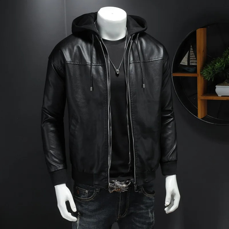 Leather Jacket Mens Autumn and Winter Casual Hooded Handsome Locomotive Clothes Cotton Thickened 250109Z