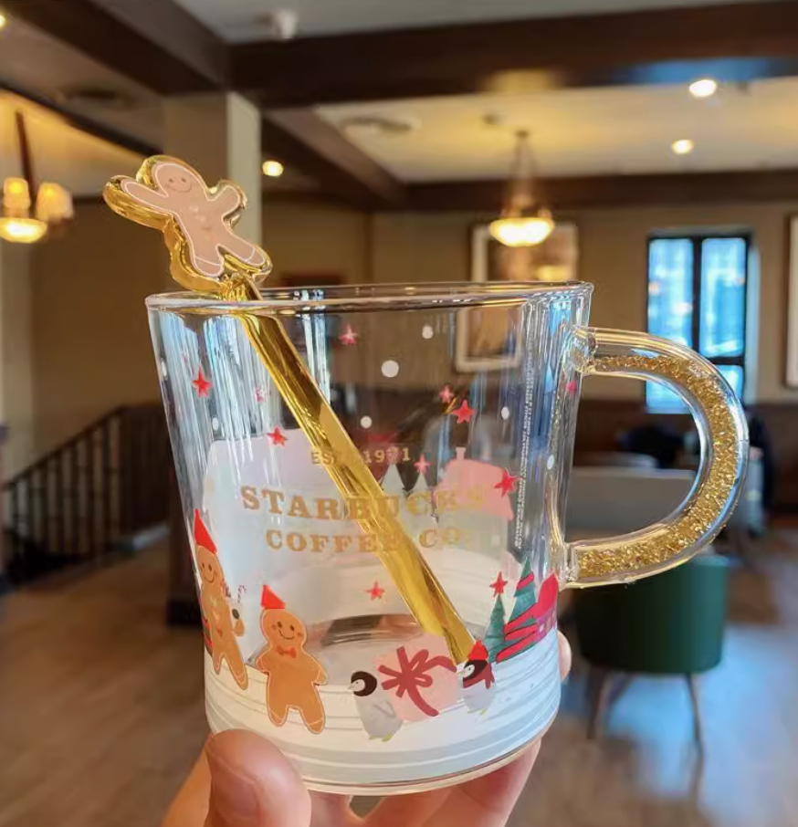 12oz Starbucks Holiday Glass Cup with Festive Patterns and Gold Spoon