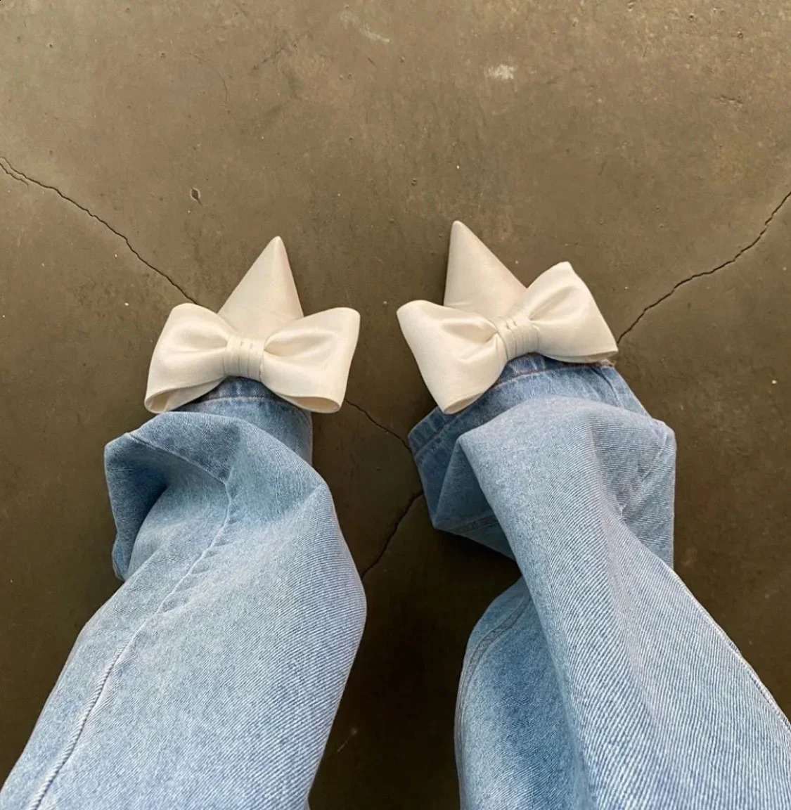 Summer Womens Slippers Bowknot Cat Heel Low Heel Mid Heel Pointed Toe Shoes Slippers High Heels 250118
