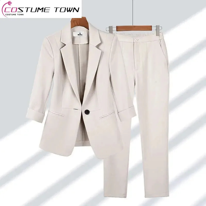 Summer Thin Jacket Blazer Casual Wide Leg Pants Two Piece Elegant Womens Set Office Outfits Business Clothing 250114Z