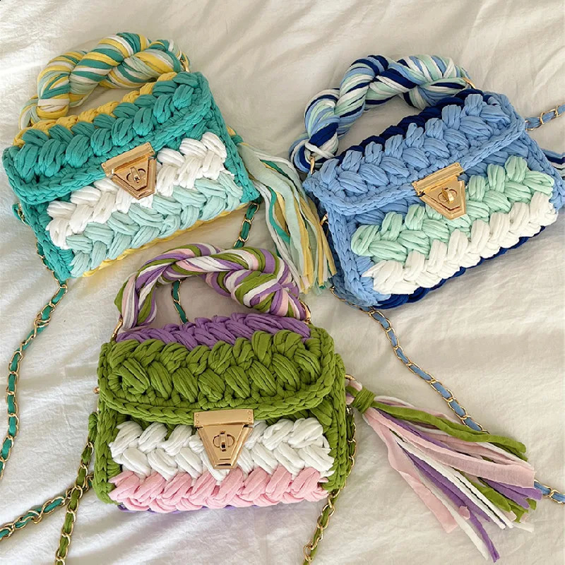 New Free Shipping Designer Bag Handmade Woven Womens Thread Hook Knitted Shoulder Bag Colorful Strip Chains Bags For Women Small Purses