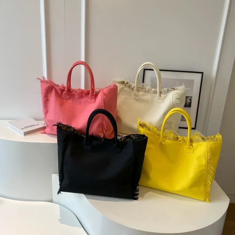 Fashion Tassel Tote Bag Pink Yellow Black White Canvas Bag Big Handbag Womens Large Capacity Shoulder Bag 250121
