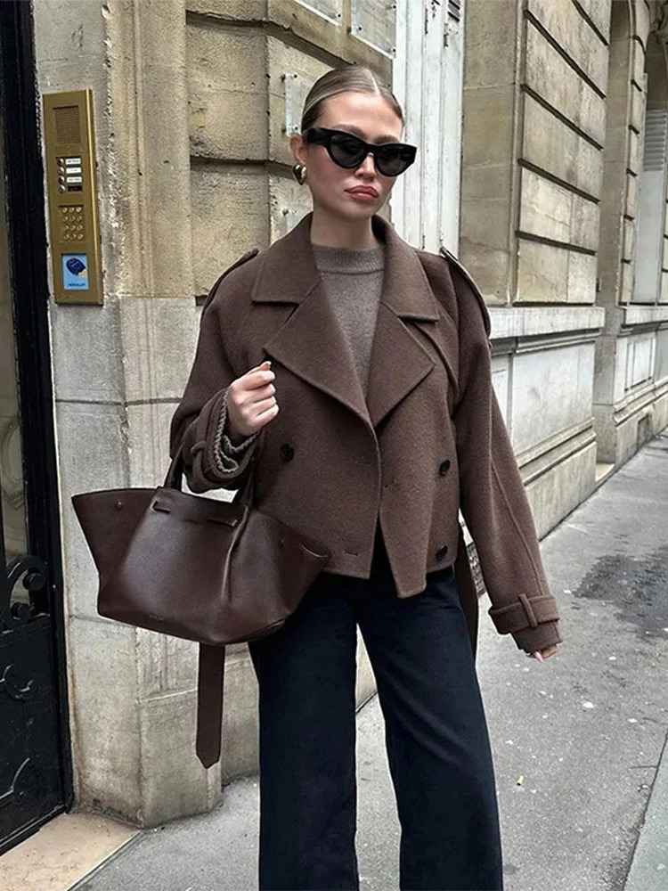 Solid Double Breasted Women Wool Coat Lapel Long Sleeve Pocket Female Short Blazer Jacket Chic Autumn Winter Lady Warm Outerwear 250113Z