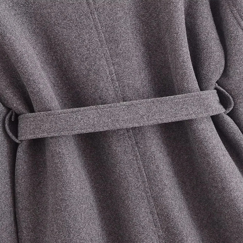 Elegant Grey Color Big Turn Down Collar Double Breasted Long Sleeves Pocket Belt Desing Women Loose Classic Coat ZATAF 250110Z
