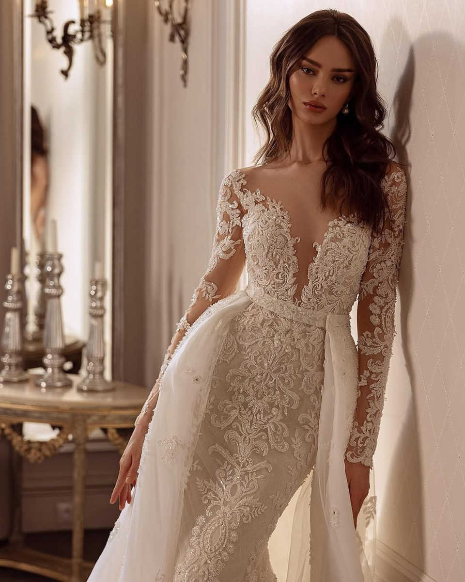 Elegant Mermaid Wedding Dresses Sheer Neck Lace Appliques Long Sleeve Bridal Gowns Custom Made Bride Dress With Detachable Train