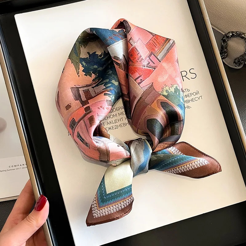 Women Square Silk Scarf Foulard Bandana Lady Floral Scarves for Hair Bands Neckerchief Spring Bag Ties 53cm 250117