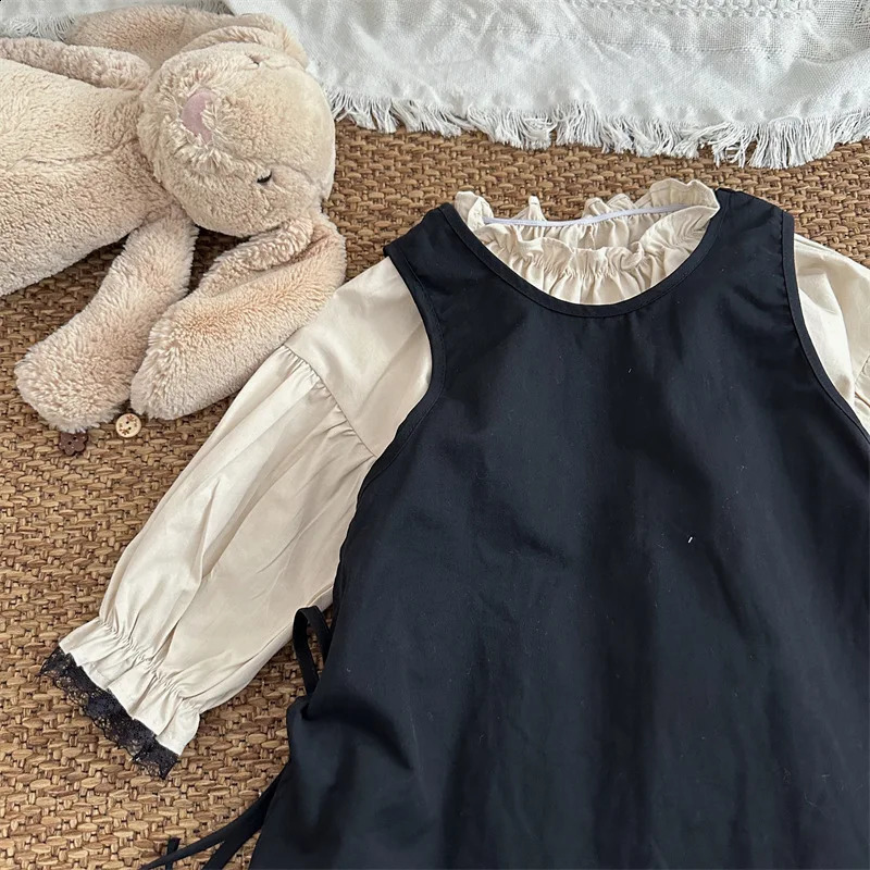 Girls Casual Dresses Autumn Girl Flower Edge Children Clothing Long Sleeves Skirt Overskirt 2 Piece Set Sweet Fashion 250120