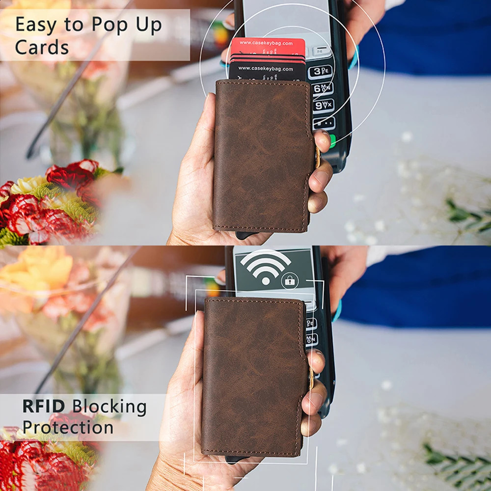 Casekey Top Quality Pu Vintage Leather Wallet Rfid Blocking Pop Up Card Holder with Money Clip and Pocket Billetera Hombre 250118